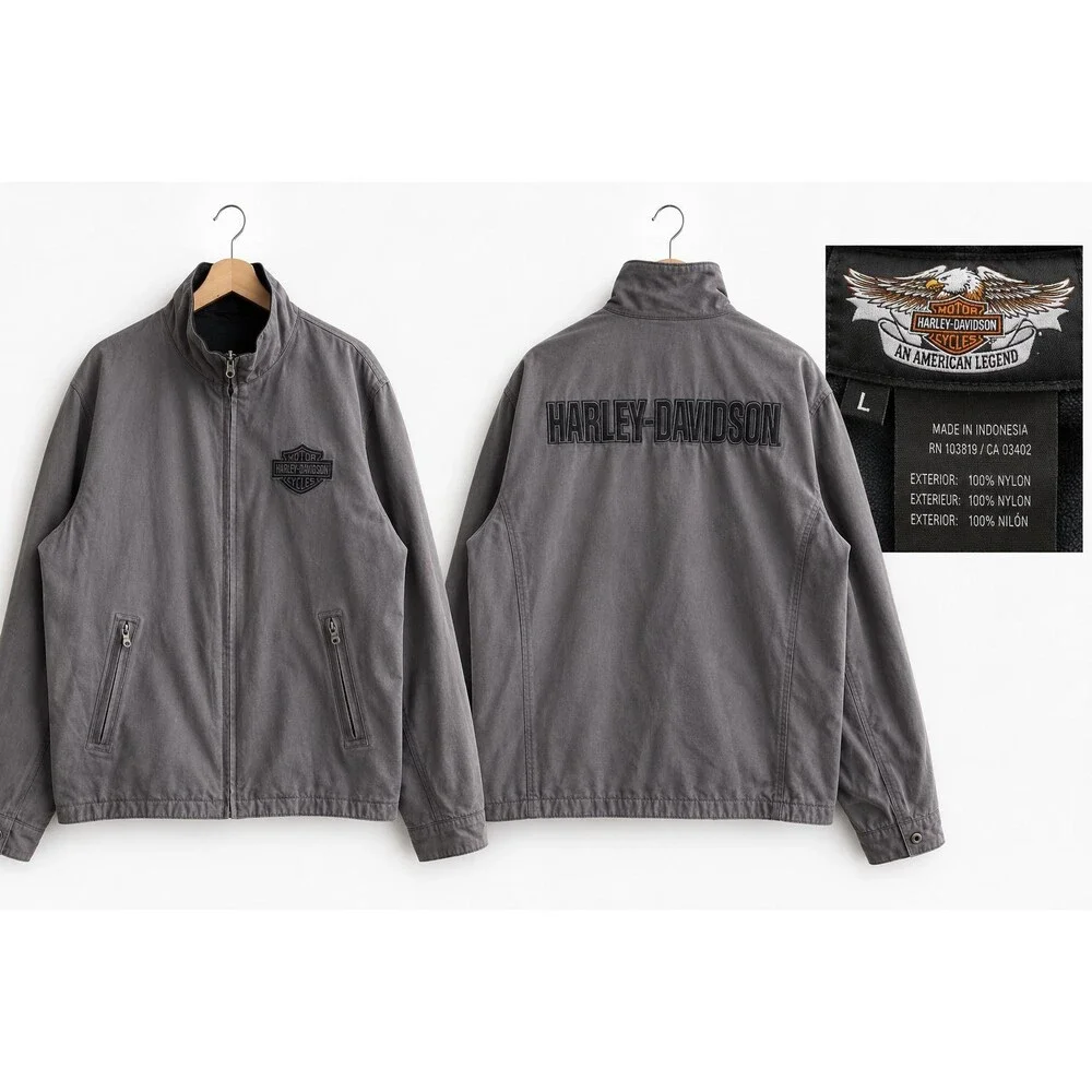 VTG Harley-Davidson Men's Large Black/Gray Reversible Full Zip Bomber Jacket